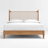 Rajasthan Niwar Solid Wood Bed With Handwoven Leather Headboard in White
